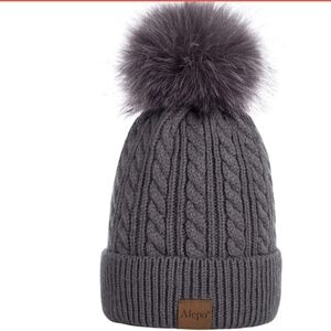 Alepo Knited  Fleece Lined Beanie Hat With Pom Pom Dark Grey